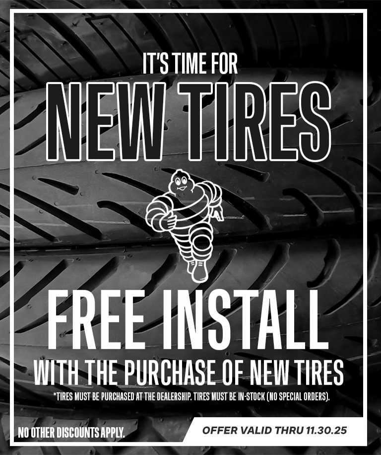 Free tire install for the month of November when you buy new, in-stock tires from us! 